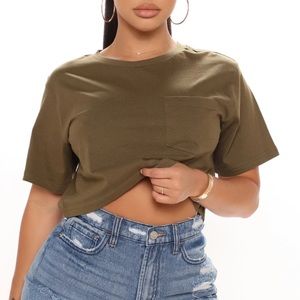 Short Sleeve Crop Green Pocket Crew Neck T-Shirt, Size: XS